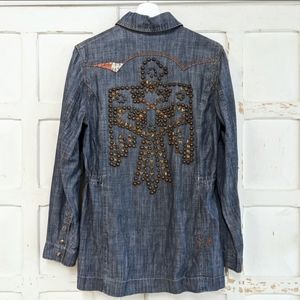 Double D Ranch thunderbird studded denim/linen shirt jacket